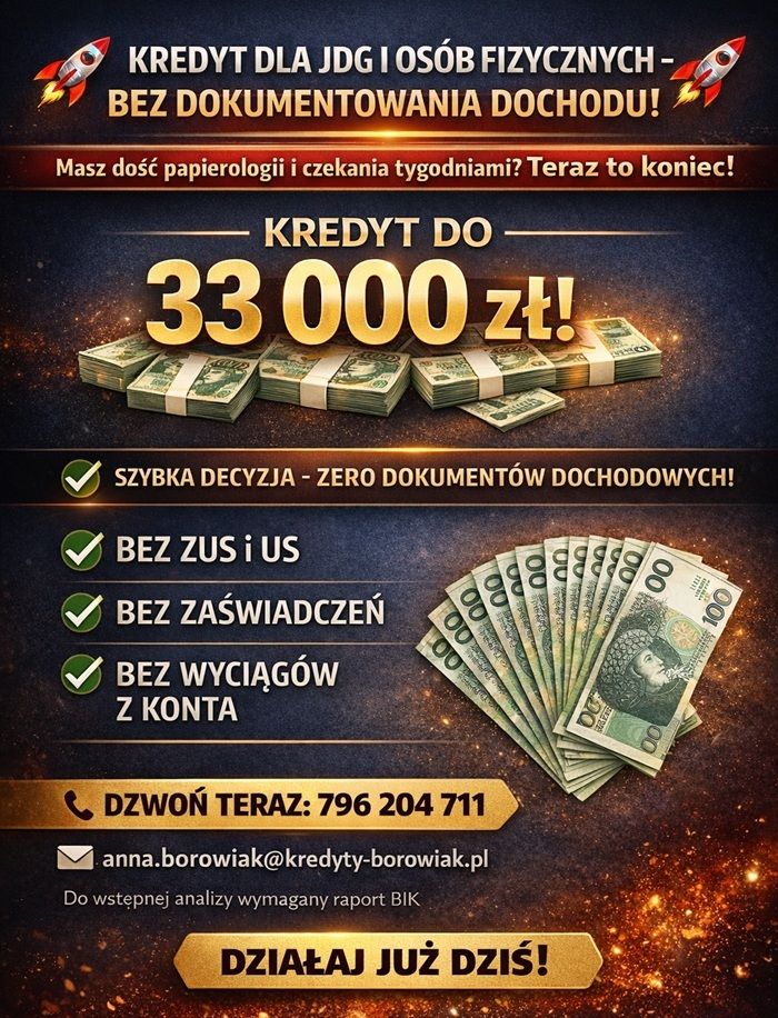 KREDYT DLA JDG I OSÓB FIZYCZNYCH – BEZ DOKUMENTOWANIA DOCHODU! Poznań - Zdjęcie 1